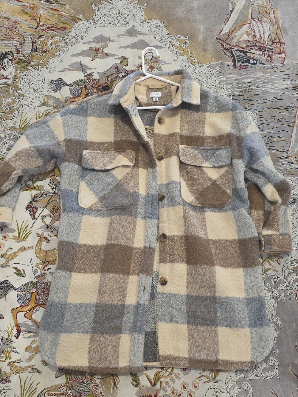 Oversized Plaid Wool-Blend Shacket in Cream, Gray & Brown
